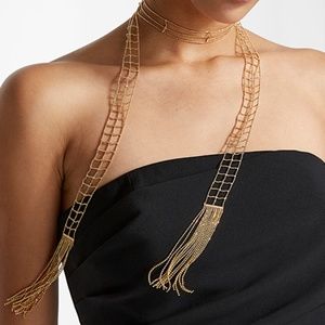 Golden metallic shiny sparkly beads and fringe scarf necklace NWT